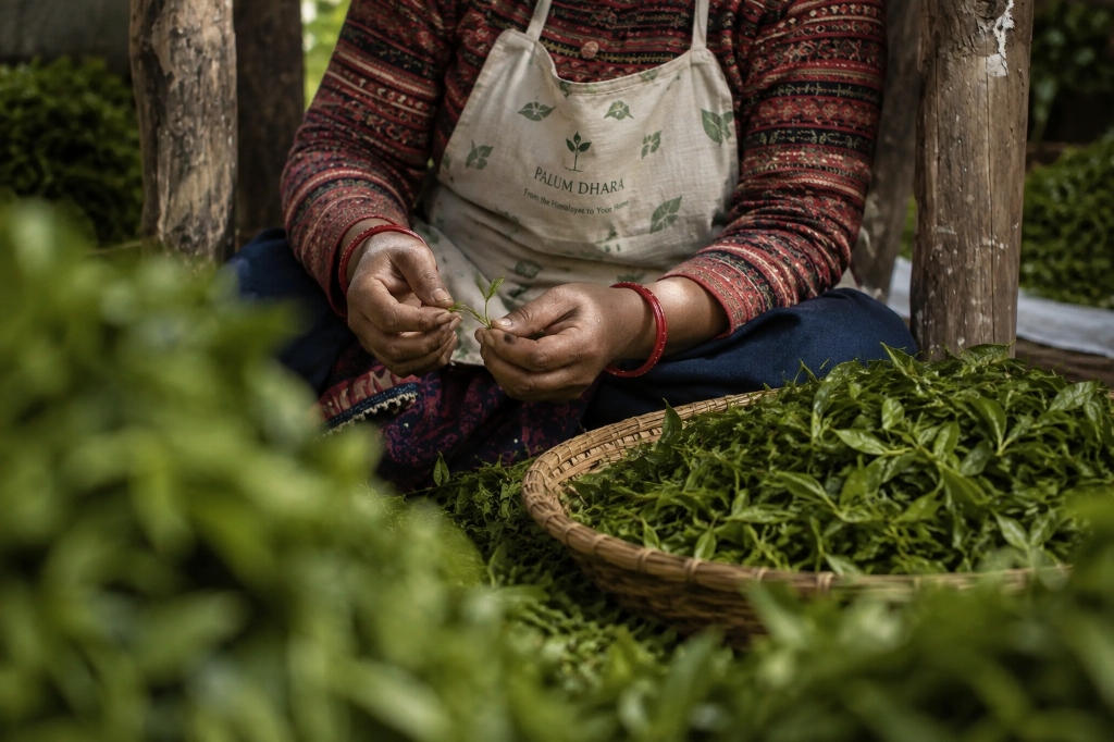 Hand-picking and sorting fresh tea leaves in the Kangra Valley